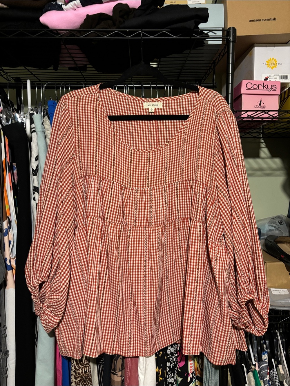 Max Studio Red Gingham Peasant Blouse